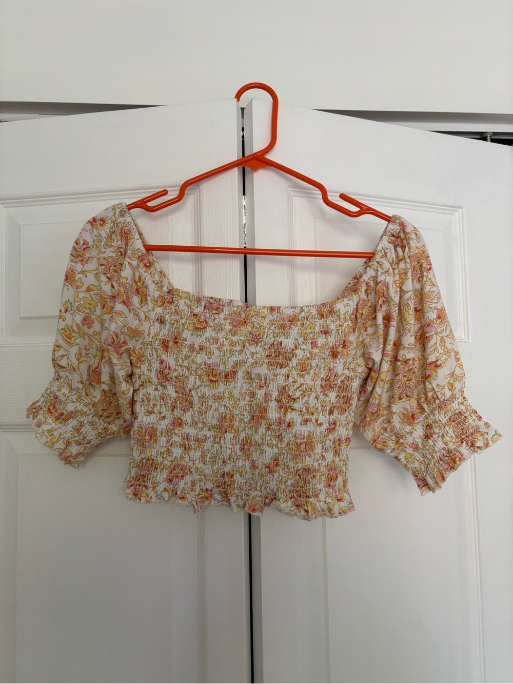 Billabong Smocked Floral Crop Top - White, Yellow, Pink